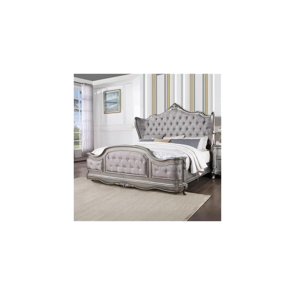 Ariadne Eastern King Bed in Velvet & Antique Platinum Finish