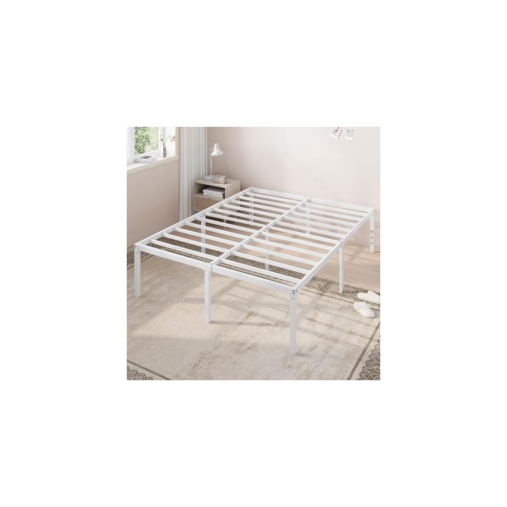 Full Size Bed Frame, 18 Inch Metal Beds with Storage Space, White