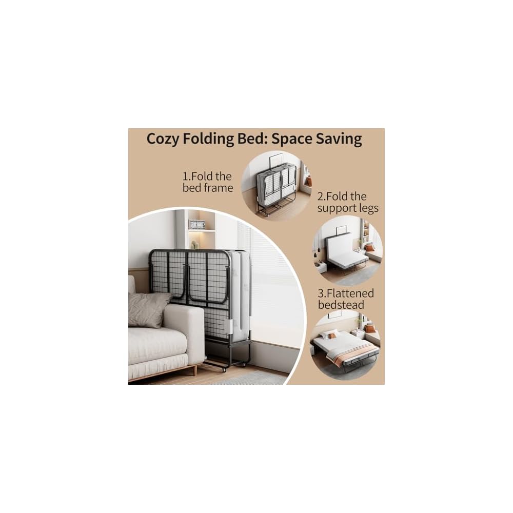 Folding Bed with 5" Memory Mattress, 75"×54" Full Size Double Portable Bed for Adults, Roll Away Foldable Beds on Wheels for Guest,Hideaway,Save Space
