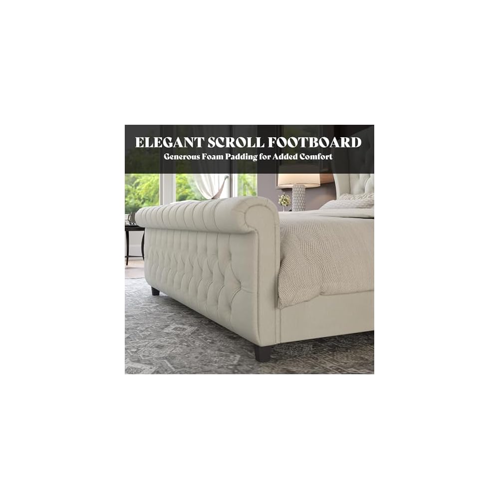 California King Upholstered Sleigh Bed Frame with Headboard