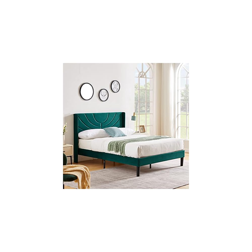 Queen Bed Frame Upholstered Platform with Fabric Headboard,Wooden Slats Support/No Box Spring Needed/Mattress Foundation,Dark Green