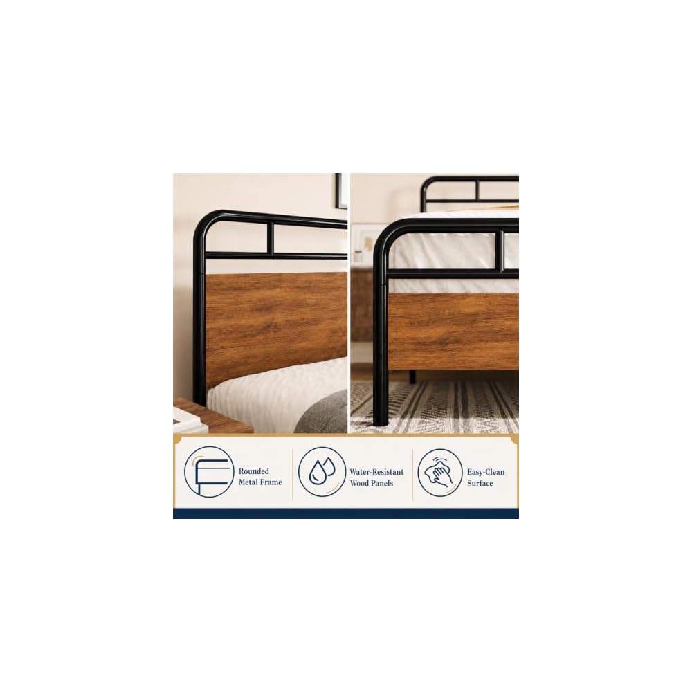 Full Size Industrial Bed Frame with Wood Panels, Walnut