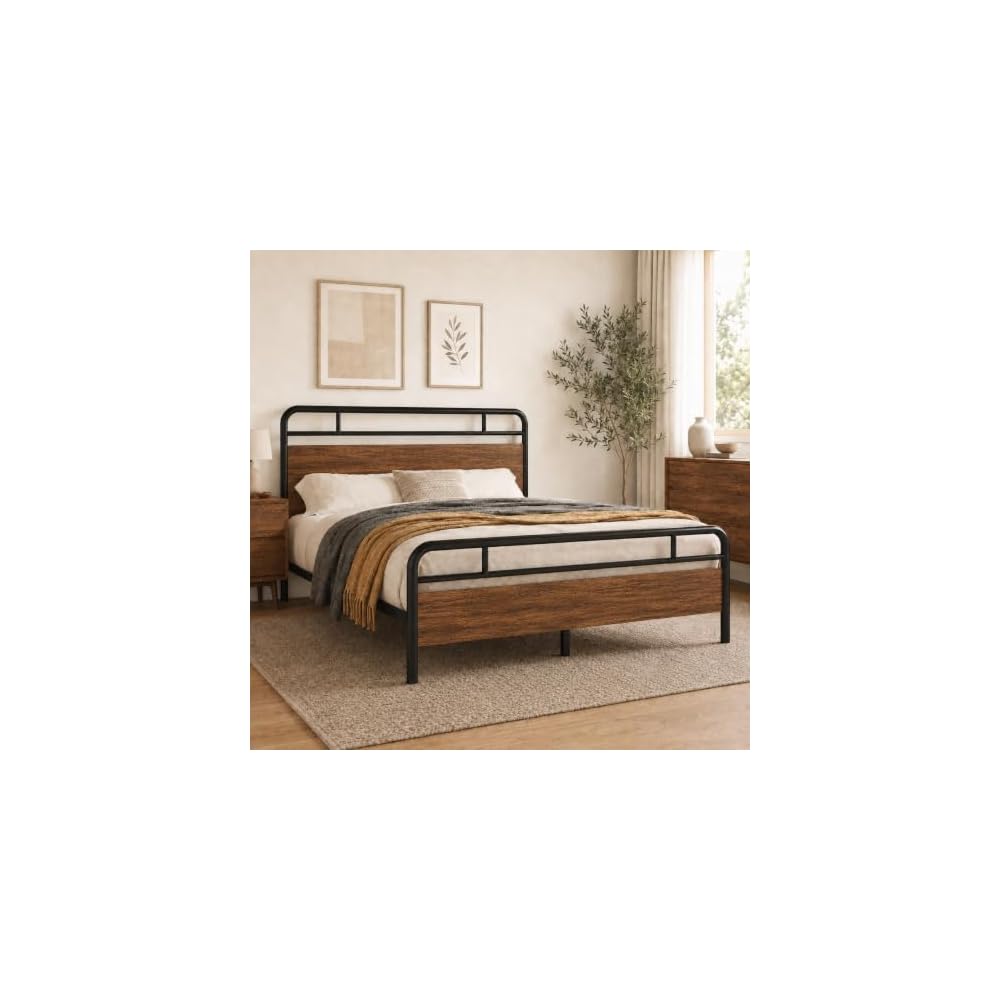 Full Size Industrial Bed Frame with Wood Panels, Walnut