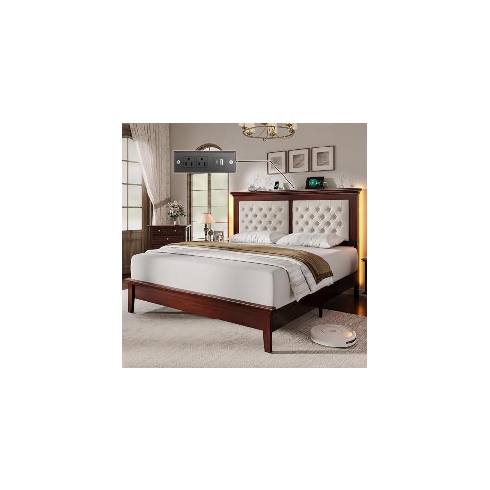 Solid Wood Queen Bed Frame 41.5” Tall Diamond-Tufted Upholstered Headboard, American Classic Flat-Top Bed, Stable Structure, Wood Slats Support, Noise-Free, No Box Spring Needed, Redish Brown