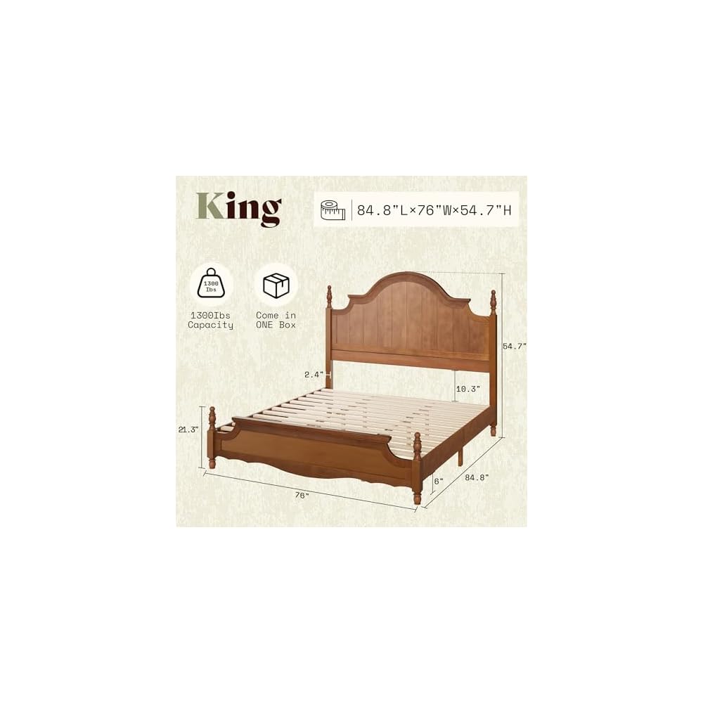 King Solid Wood Poster Bed with Arched Headboard, Brown