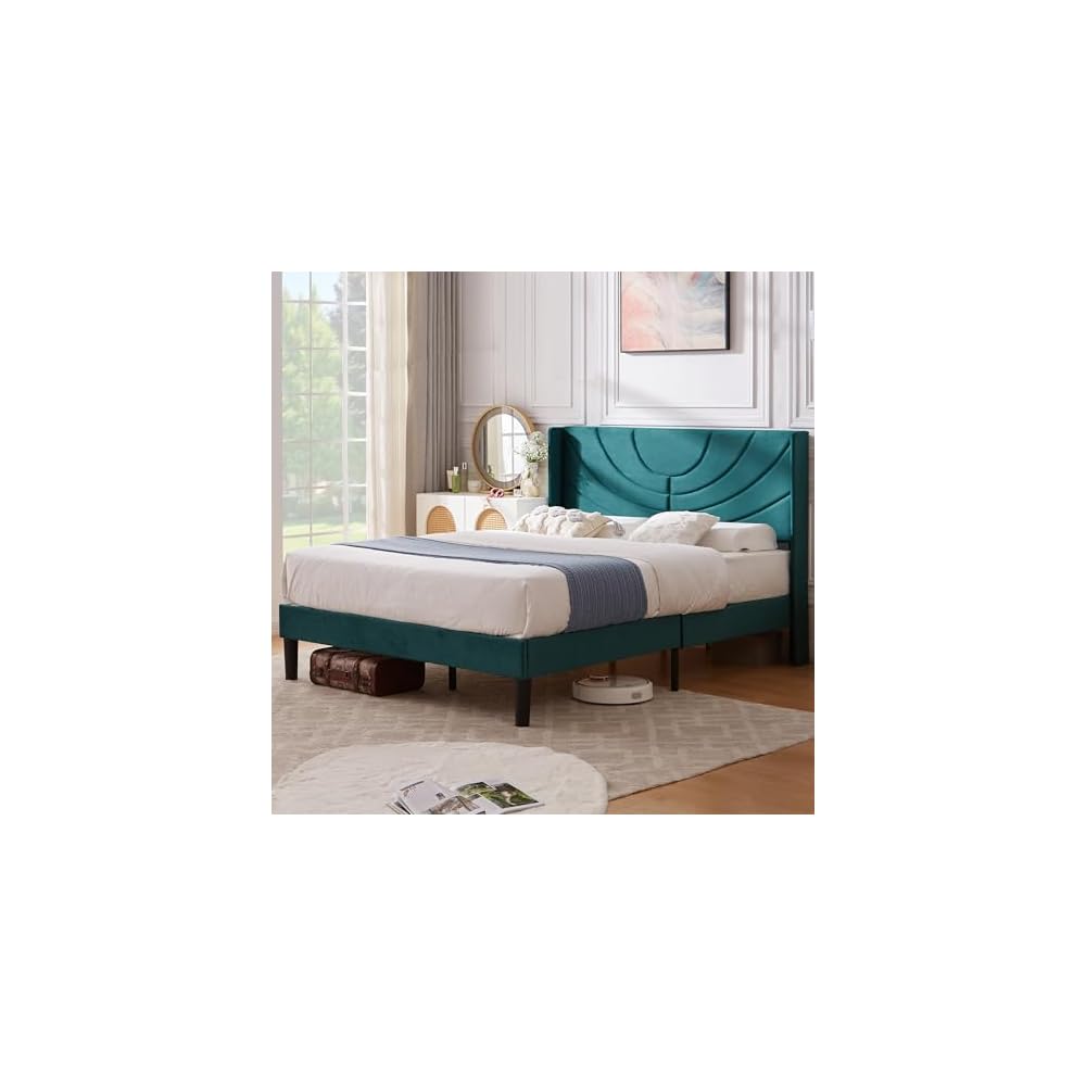 Queen Bed Frame Upholstered Platform with Fabric Headboard,Wooden Slats Support/No Box Spring Needed/Mattress Foundation,Dark Green
