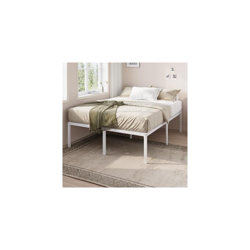 Full Size Bed Frame, 18 Inch Metal Beds with Storage Space, White