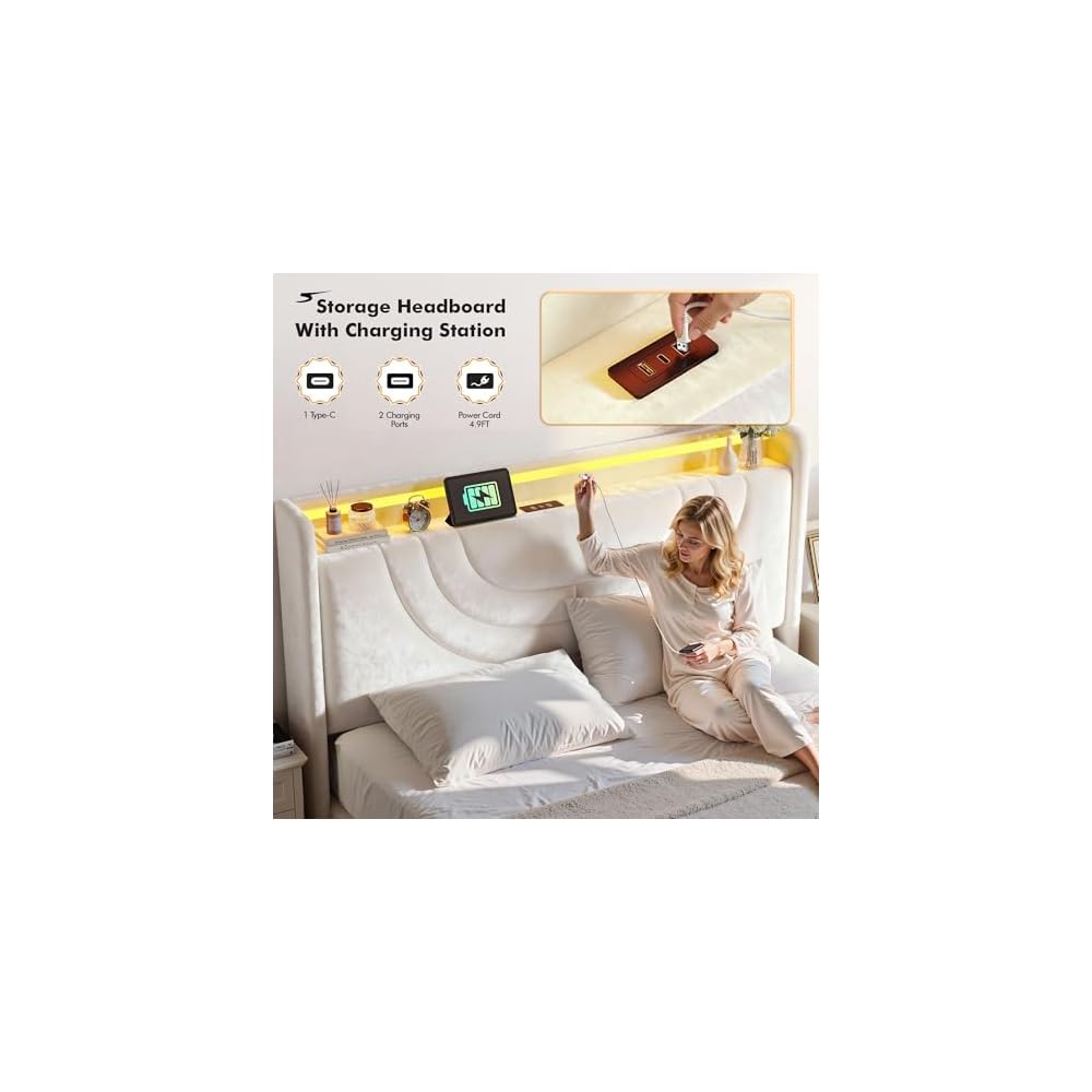 Queen Velvet Lift Up Storage Bed Frame with Charging & LED, Beige