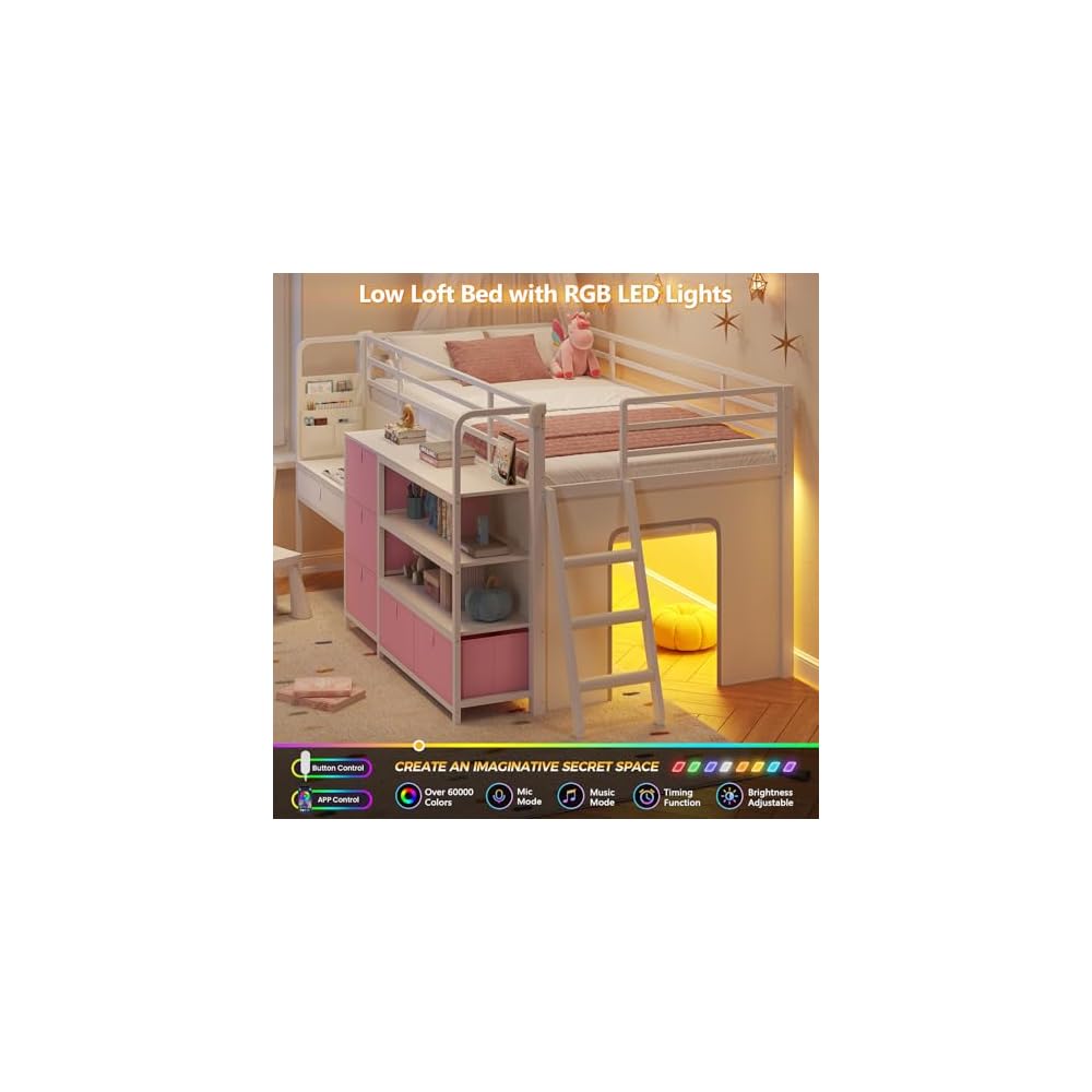 Low Loft Bed with Desk and 6 Storage Drawers Twin Loft Bed with Bookshelf,LED Lights & Under-Bed Play Space,Kids Twin Beds with 13.8''H Safety Guardrail,Inclined Ladder&Play Curtain,Pink+White