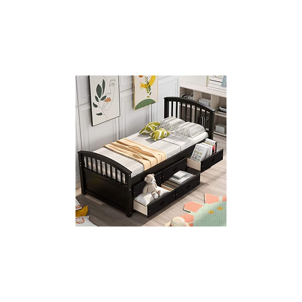 Twin Size Platform Storage Bed Solid Wood Bed with 6 Drawers