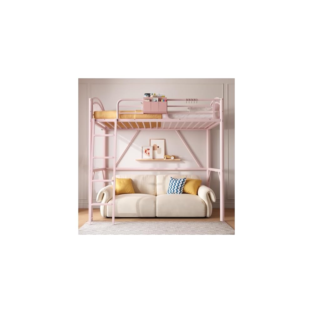 Twin Loft Bed with Convertible Ladder & Storage Bag,Safety Guardrails, Pink