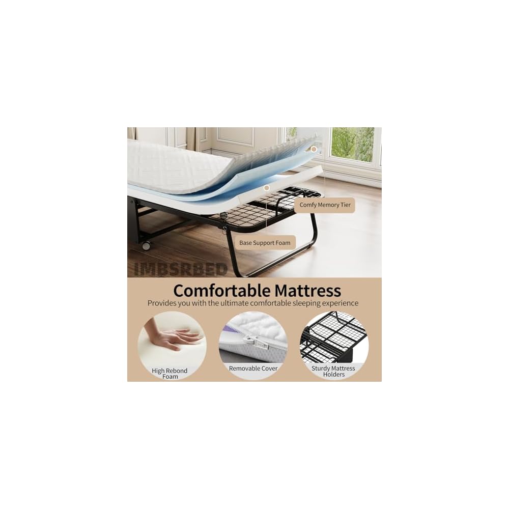Deluxe Folding Bed with Mattress with 5-inch Memory Foam Mattress on Rollers for Easy Storage with Metal Frame and Bed Side Pockets