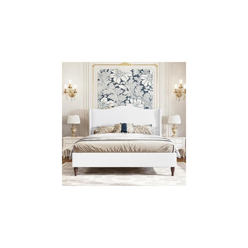 Full Size Upholstered Bed Frame with 51'' Tall Headboard, White