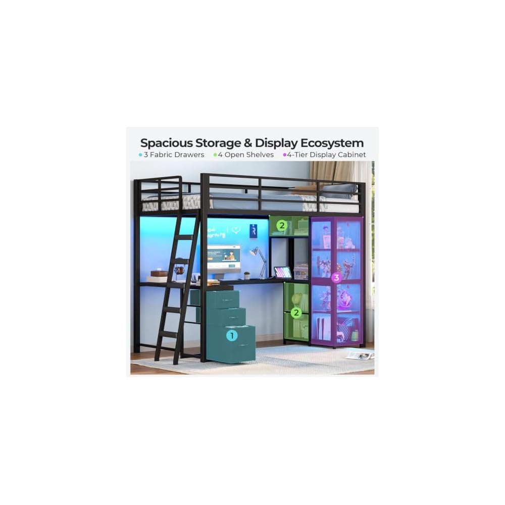 Gaming Loft Bed Twin Size with U Shape Desk, Display Cabinet,Black