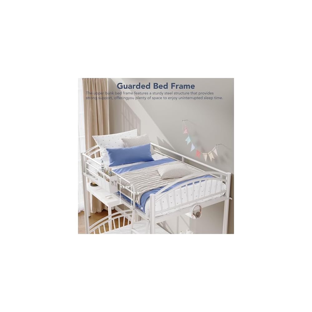 Metal Bunk Bed Twin Over Twin with Storage Bag, 2 Twin Size Beds with Safety Guard Rails and Anti-tip Nails for Teenager,Girls or Boys (White)