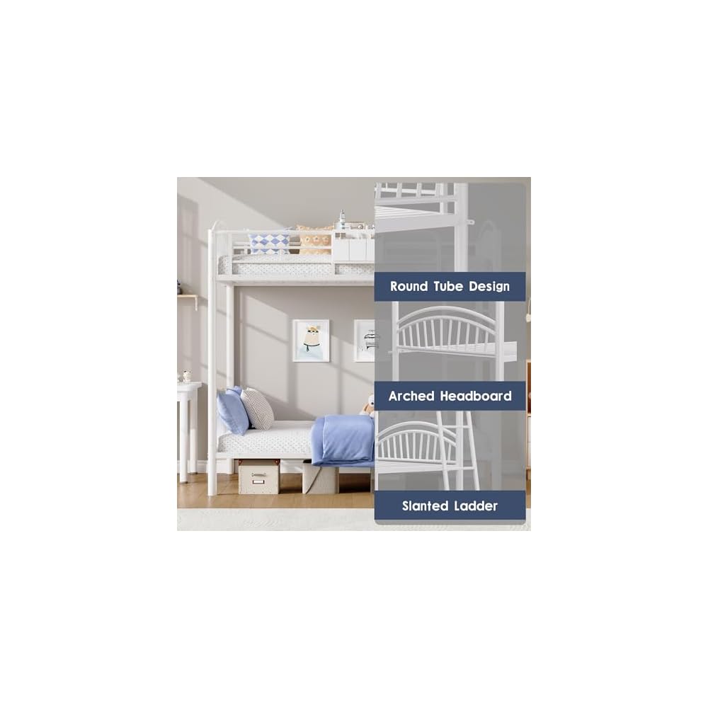 Metal Bunk Bed Twin Over Twin with Storage Bag, 2 Twin Size Beds with Safety Guard Rails and Anti-tip Nails for Teenager,Girls or Boys (White)