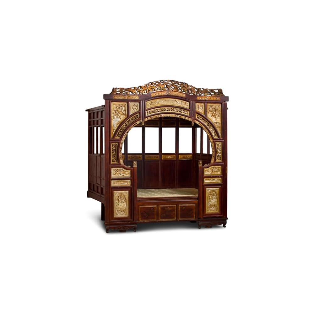Antique Gu Fei Chinese Moon Gate Canopy Bed with Bird and Flower Motif