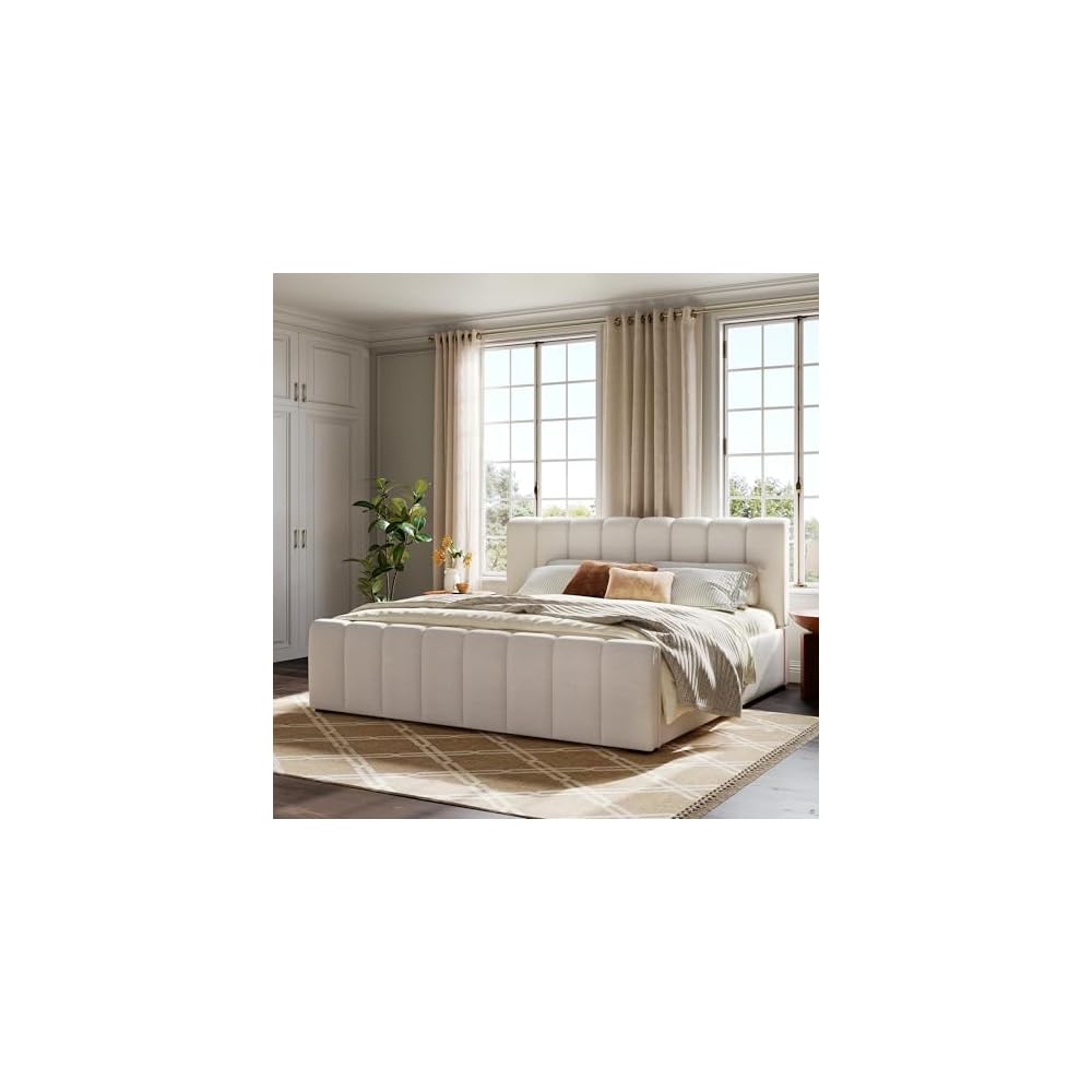 King Upholstered Bed with Thick Headboard and Footboard, Beige