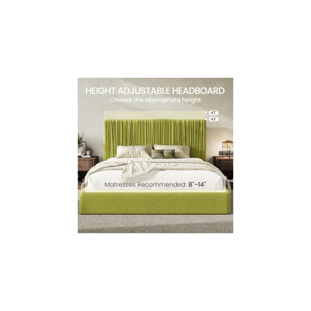 King Size Artisanal Pleated Velvet Bed Frame with Adjustable Headboard, Luxurious Upholstered Floor Platform Bed, Modern Low Profile Frame, Green