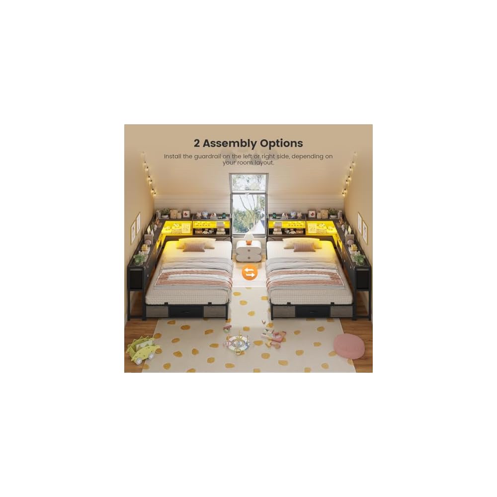 Corner Bed Frame with Charging Station & Led Lights, Black & Gray
