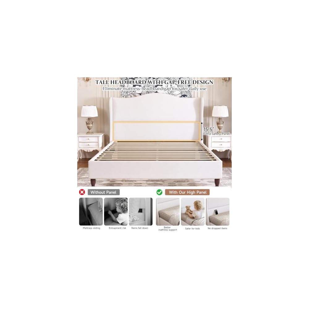 Full Size Upholstered Bed Frame with 51'' Tall Headboard, White