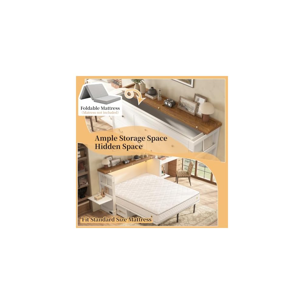 Queen Murphy Cabinet Bed with Bedside Desk, Storage Shelves and LED, White