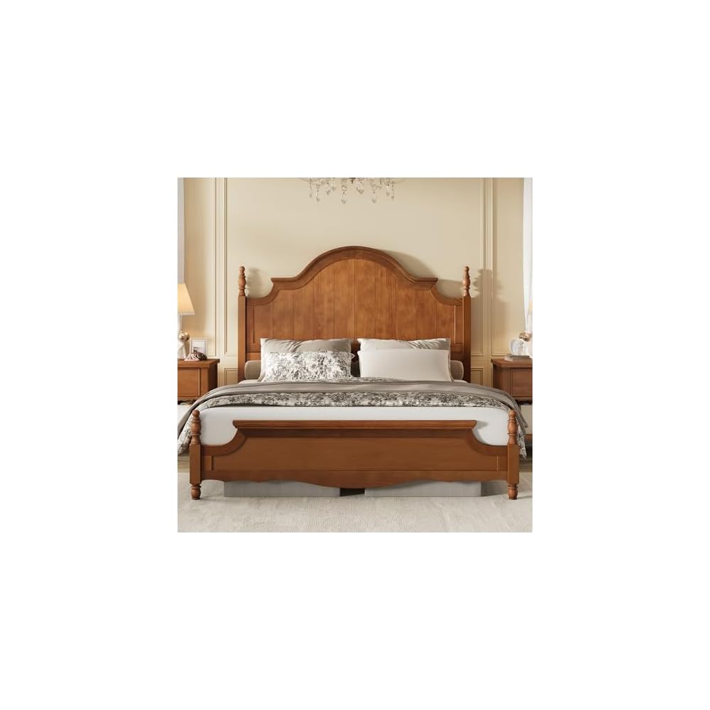 King Solid Wood Poster Bed with Arched Headboard, Brown