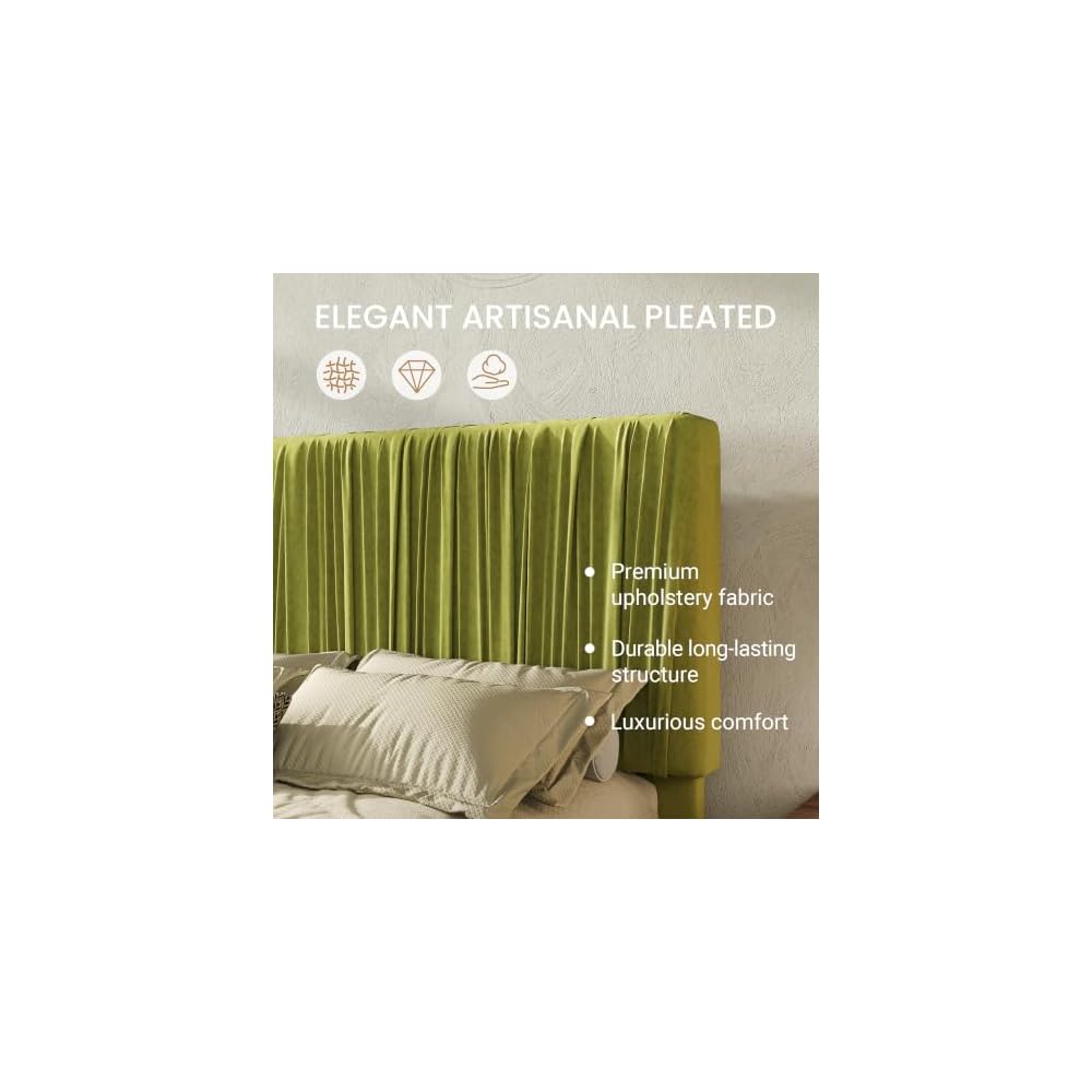 King Size Artisanal Pleated Velvet Bed Frame with Adjustable Headboard, Luxurious Upholstered Floor Platform Bed, Modern Low Profile Frame, Green