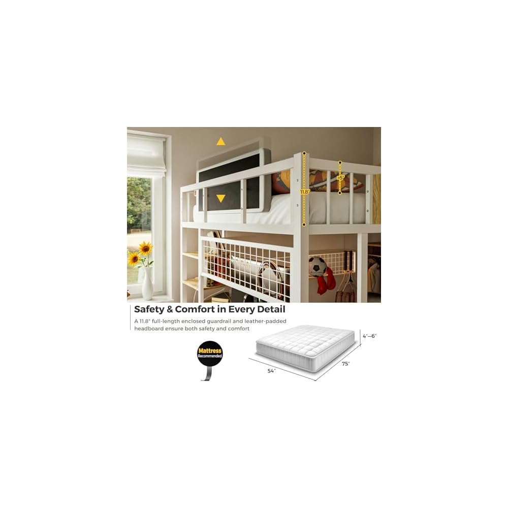 Loft Bed with Desk and Stairs, Headboard, Outlet (White, Full)