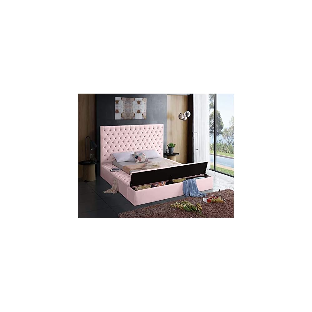 Bliss Collection Modern | Contemporary Velvet Upholstered Bed with Deep Button Tufting and Storage Compartments in Rails and Footboard, Pink, Queen