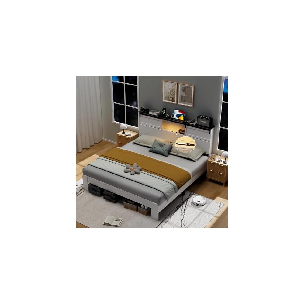 Farmhouse Platform Bed Frame with Storage Headboard and Dual USB Ports