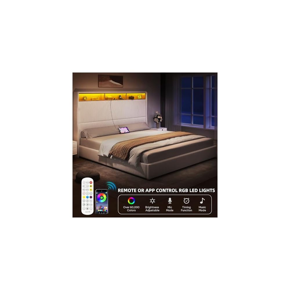 King Size Bed Frame with Charging Station and RGB LED Lights