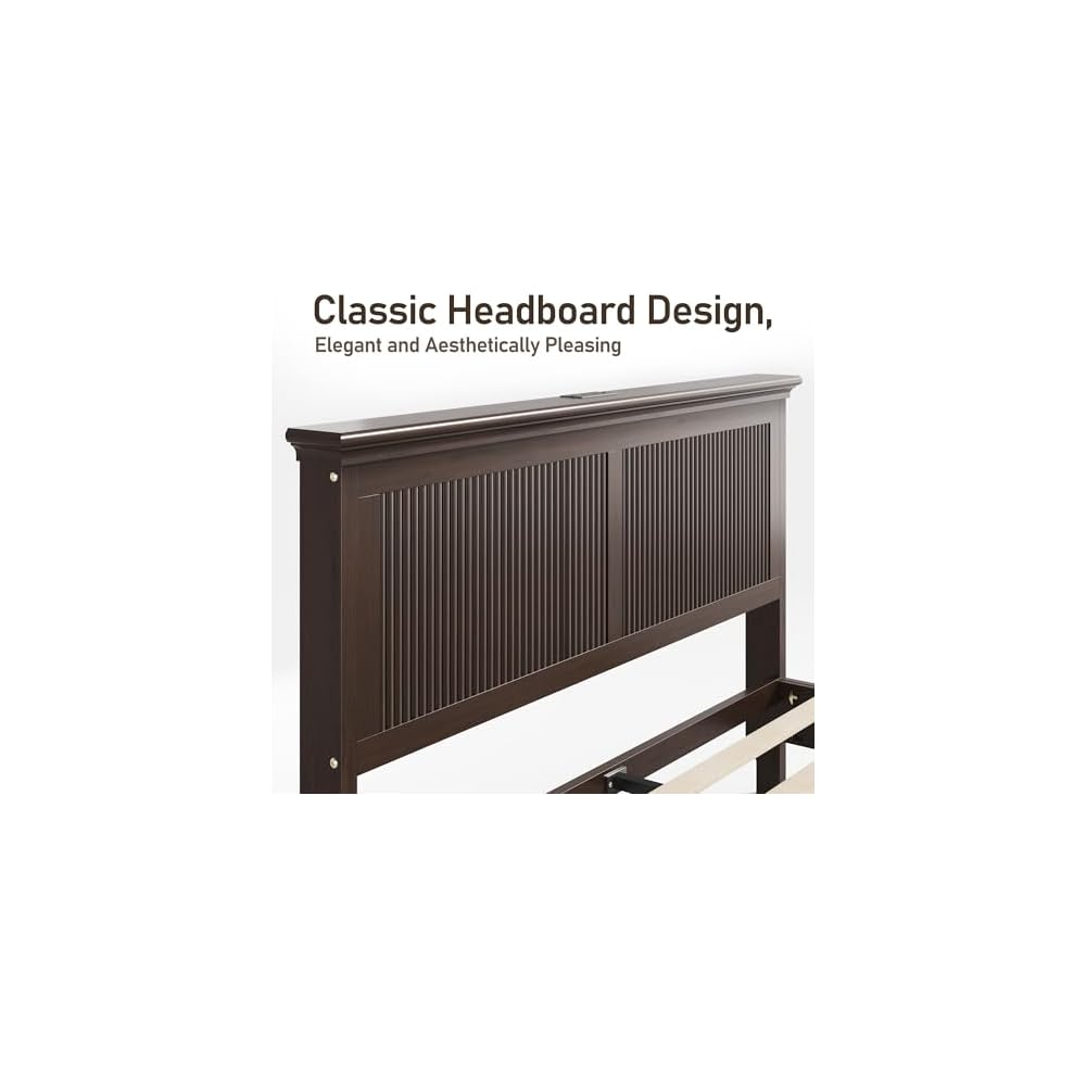 Wood Queen Bed, Solid Wood Bed With Tall Headboard, American Vintage Design, Queen Bed With Charging Station & RGB LED, Wood Slats Support, Noise-Free, Sturdy Structure, Easy Assembly, Walnut