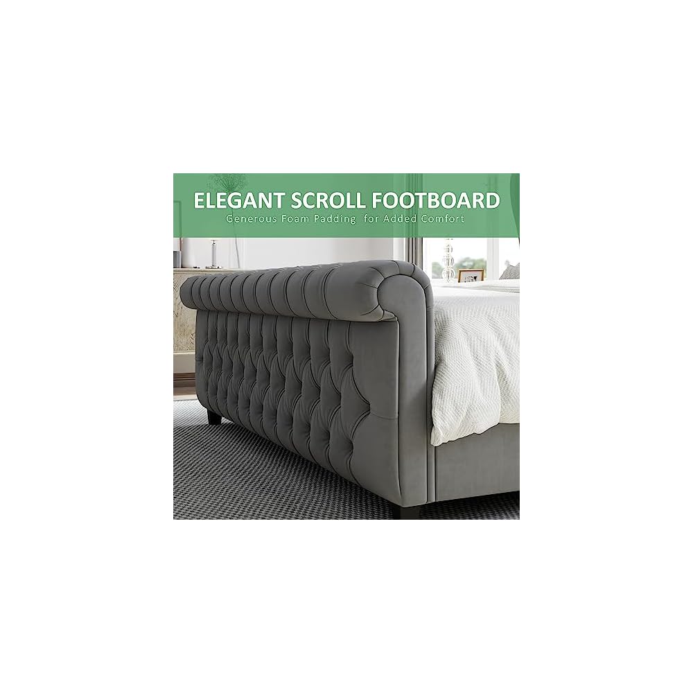 Queen Size Upholstered Sleigh Bed Frame with Wingback Headboard