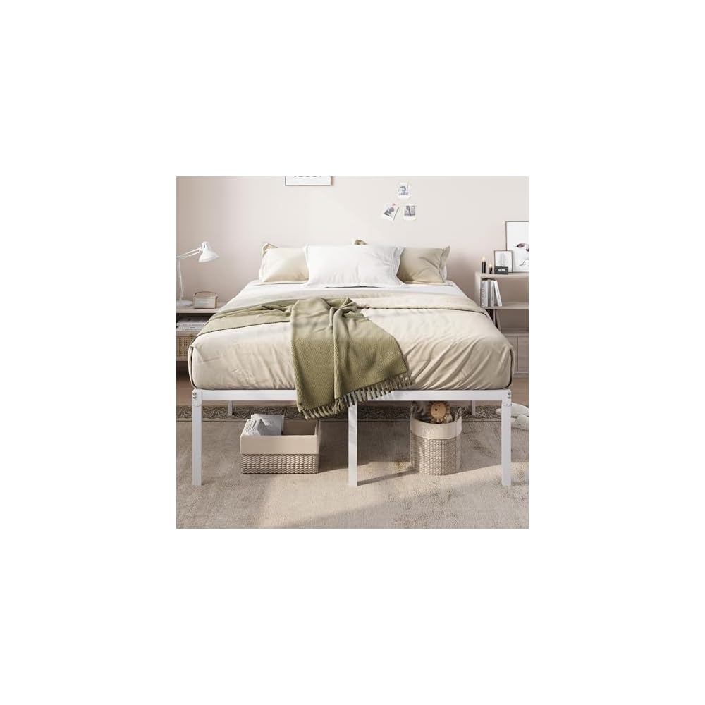 Full Size Bed Frame, 18 Inch Metal Beds with Storage Space, White