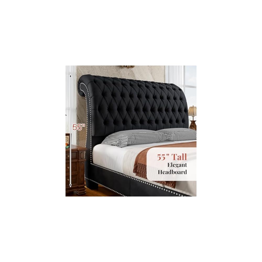 Queen Upholstered Bed Frame Sleigh Headboard & Footboard,Black