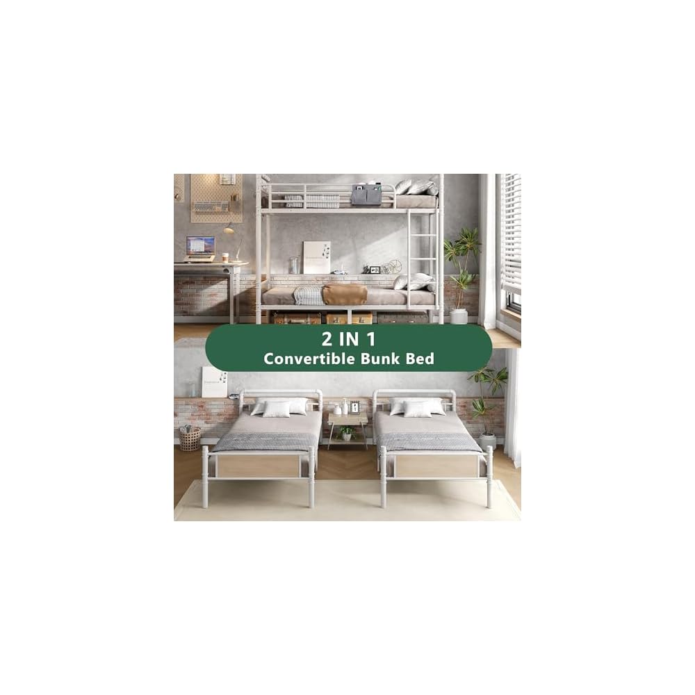 Metal Bunk Bed Twin Over Twin, Industrial Bunkbeds Heavy Duty Bed with Safety Guard Rails and Space-Saving Design, Steel Bed for School, Bedroom (White)