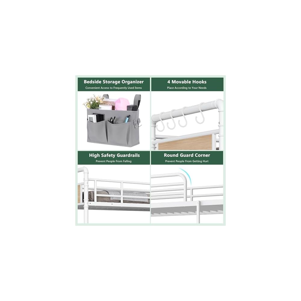 Metal Bunk Bed Twin Over Twin, Industrial Bunkbeds Heavy Duty Bed with Safety Guard Rails and Space-Saving Design, Steel Bed for School, Bedroom (White)