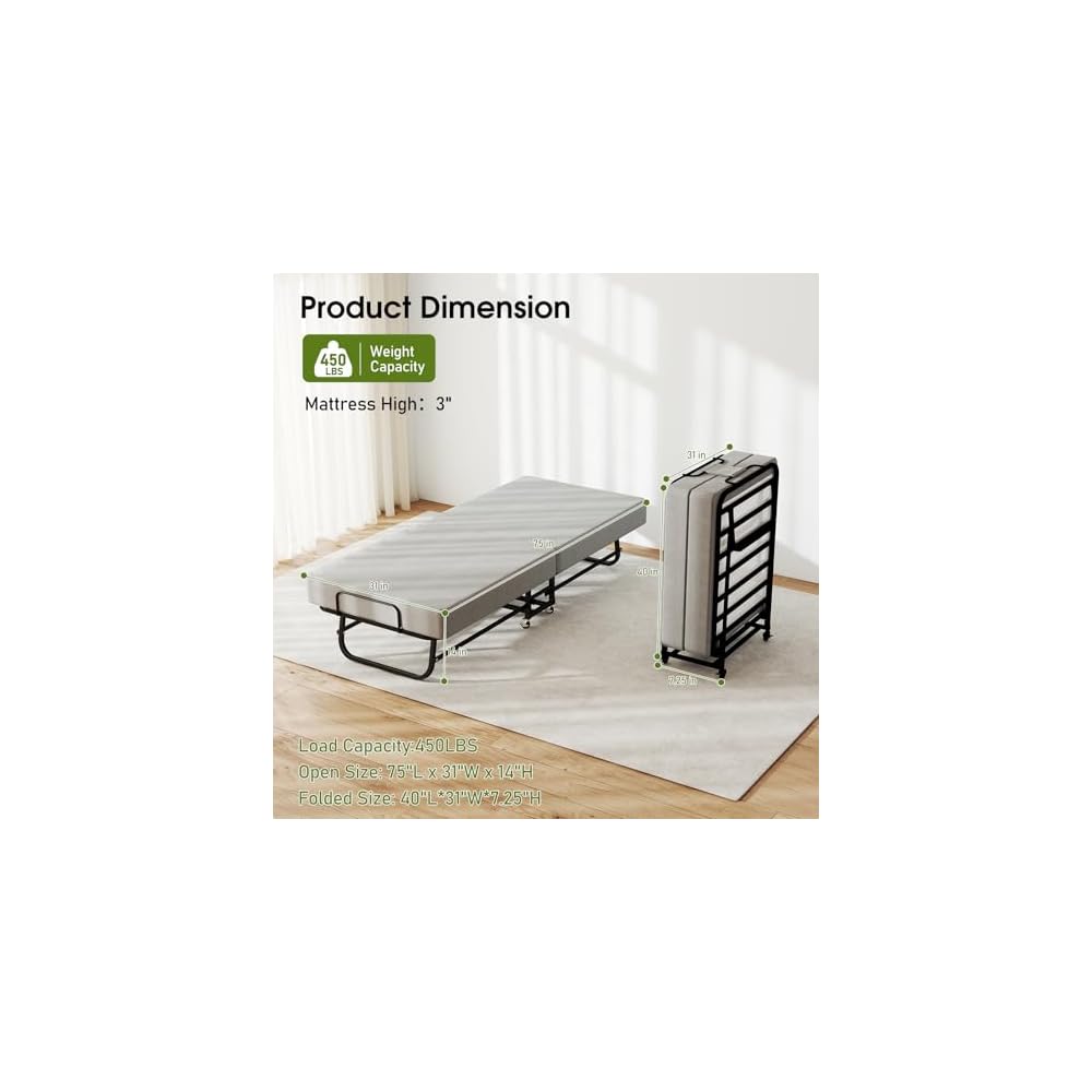 Folding Bed, Portable Foldable Roll Away Bed on Wheels, 75" x 31"