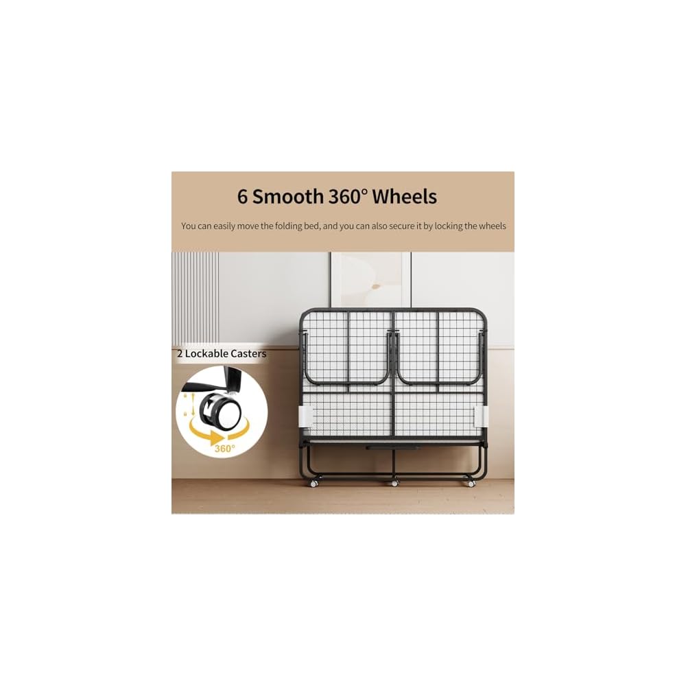 Folding Bed with 5" Memory Mattress, 75"×54" Full Size Double Portable Bed for Adults, Roll Away Foldable Beds on Wheels for Guest,Hideaway,Save Space