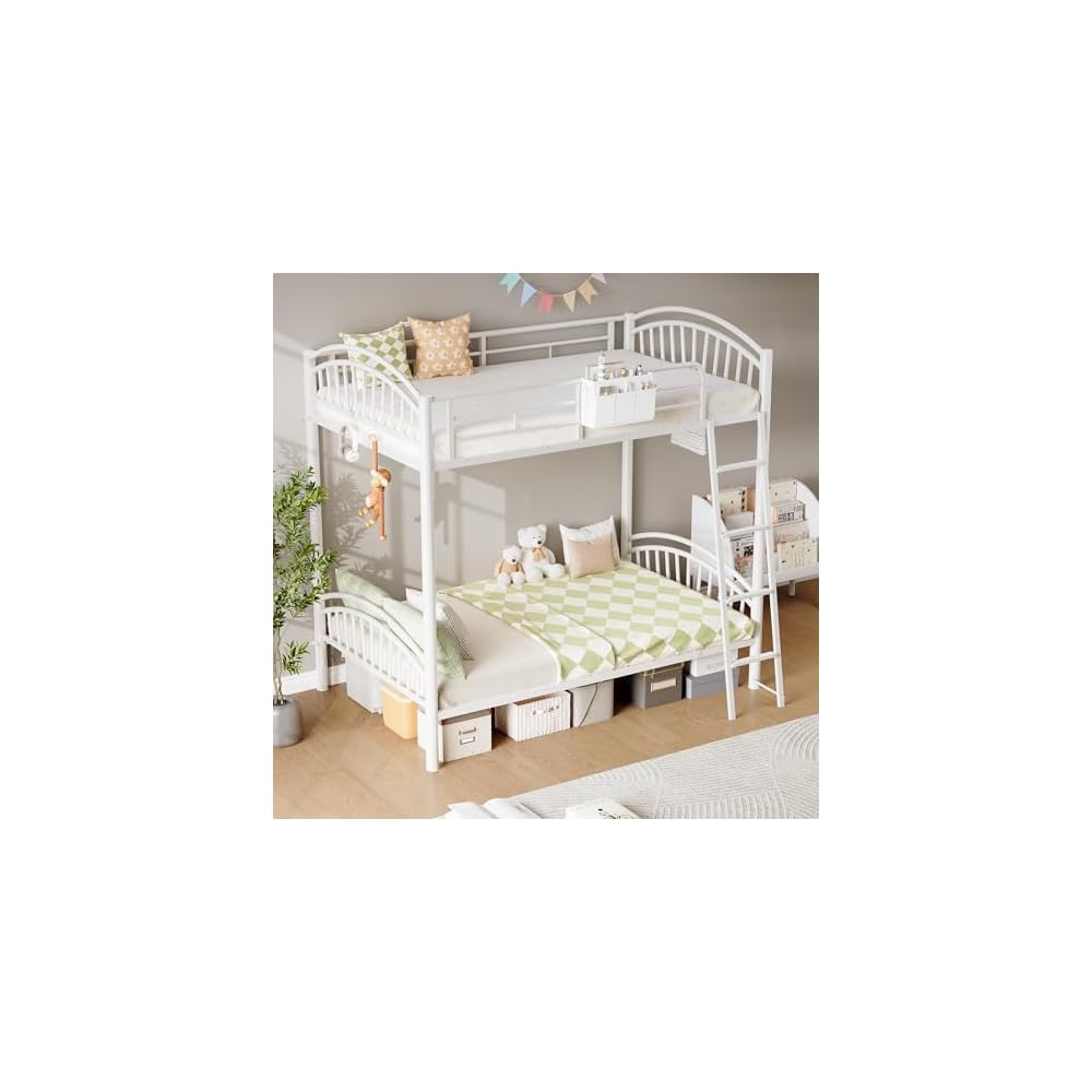 Metal Bunk Bed Twin Over Twin with Storage Bag, 2 Twin Size Beds with Safety Guard Rails and Anti-tip Nails for Teenager,Girls or Boys (White)