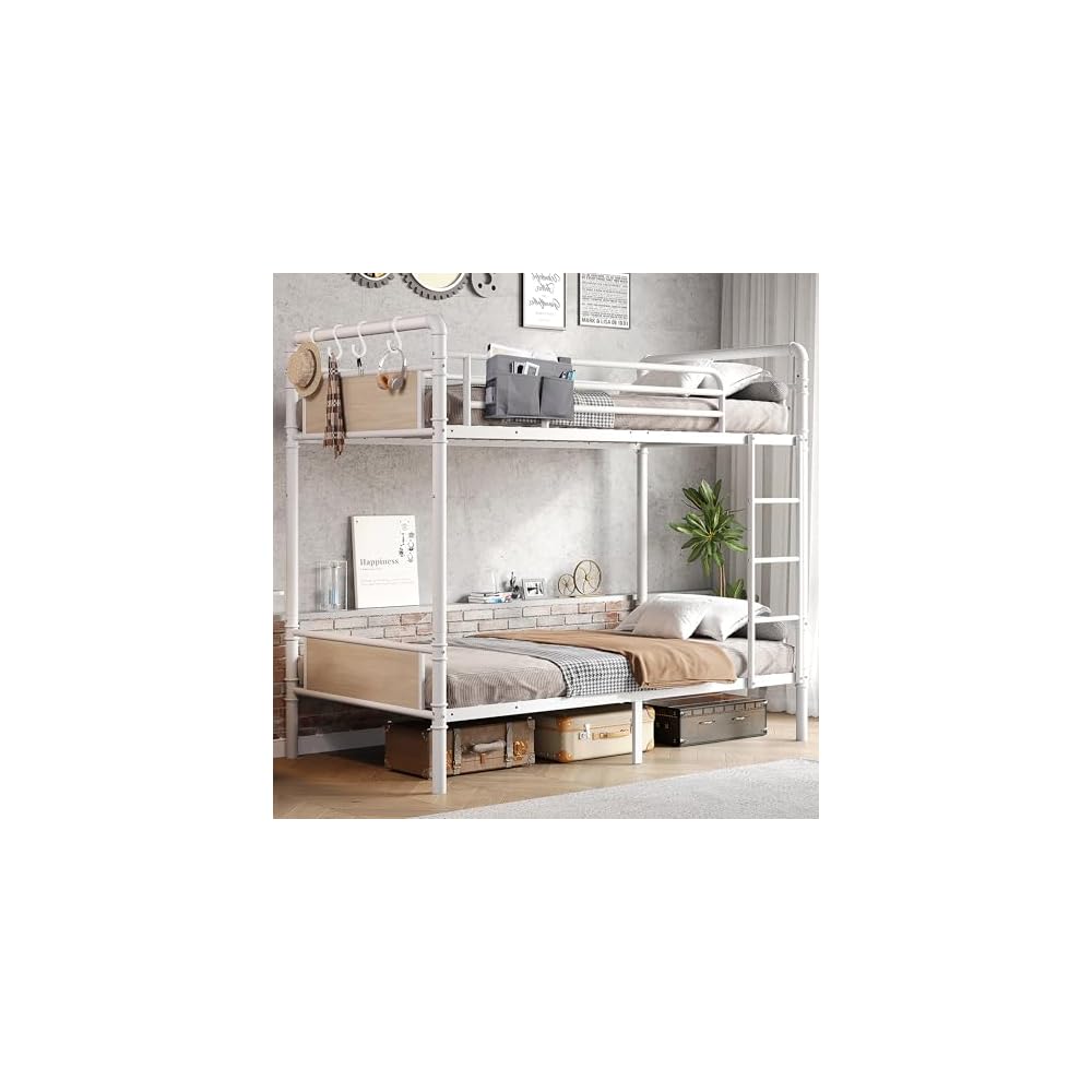 Metal Bunk Bed Twin Over Twin, Industrial Bunkbeds Heavy Duty Bed with Safety Guard Rails and Space-Saving Design, Steel Bed for School, Bedroom (White)