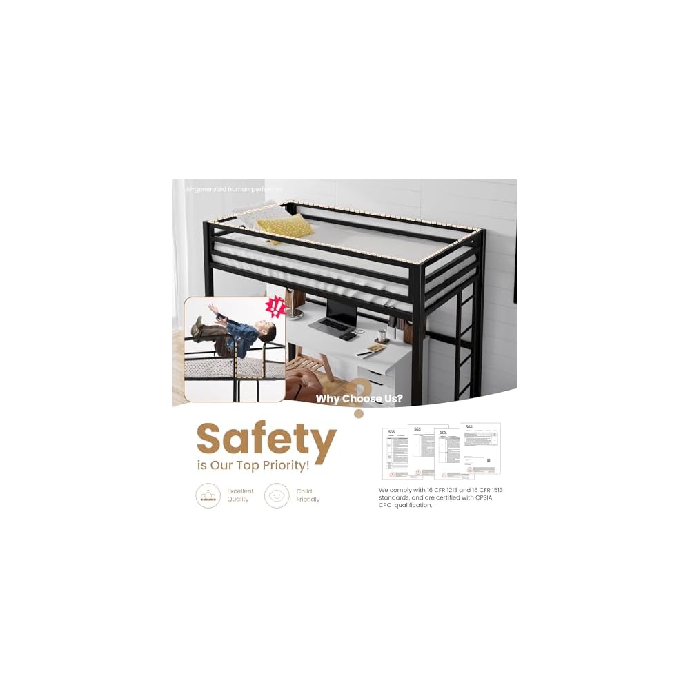 Loft Bed Twin Size with Ladder and Guardrail,Black