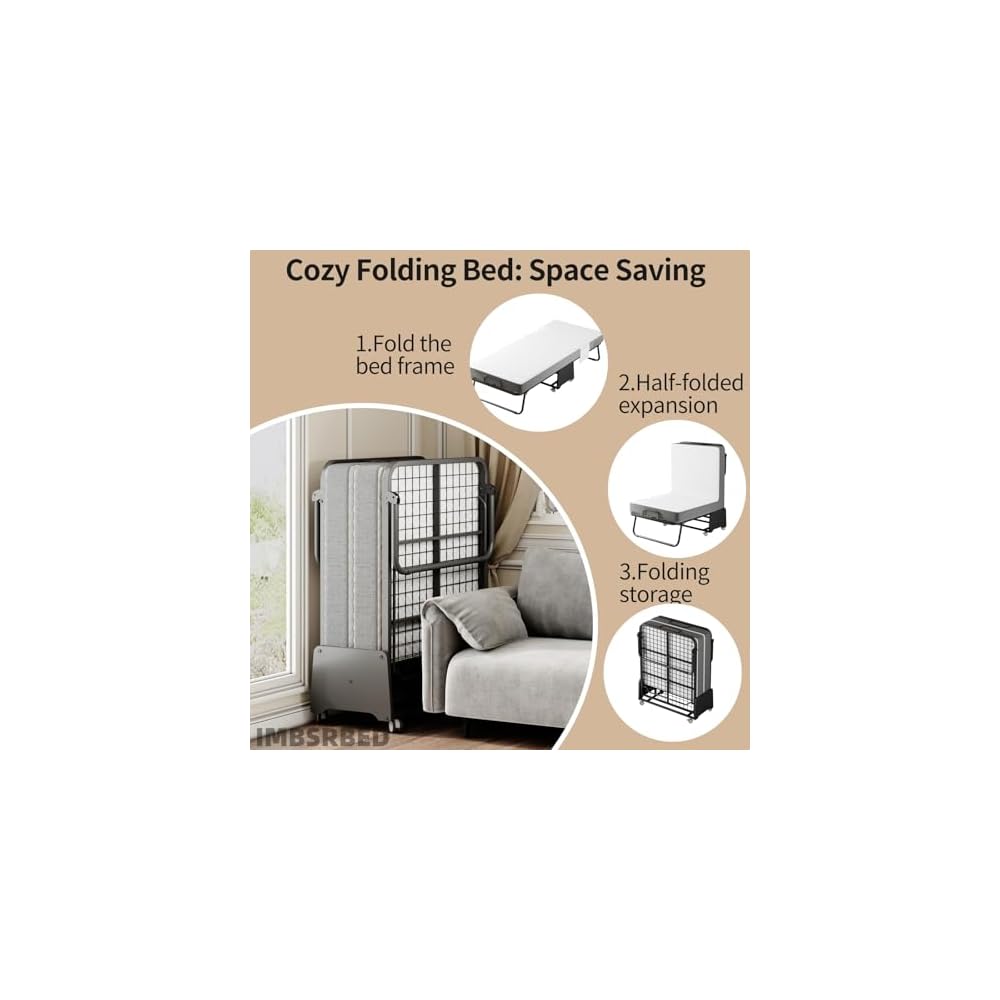 Deluxe Folding Bed with Mattress with 5-inch Memory Foam Mattress on Rollers for Easy Storage with Metal Frame and Bed Side Pockets