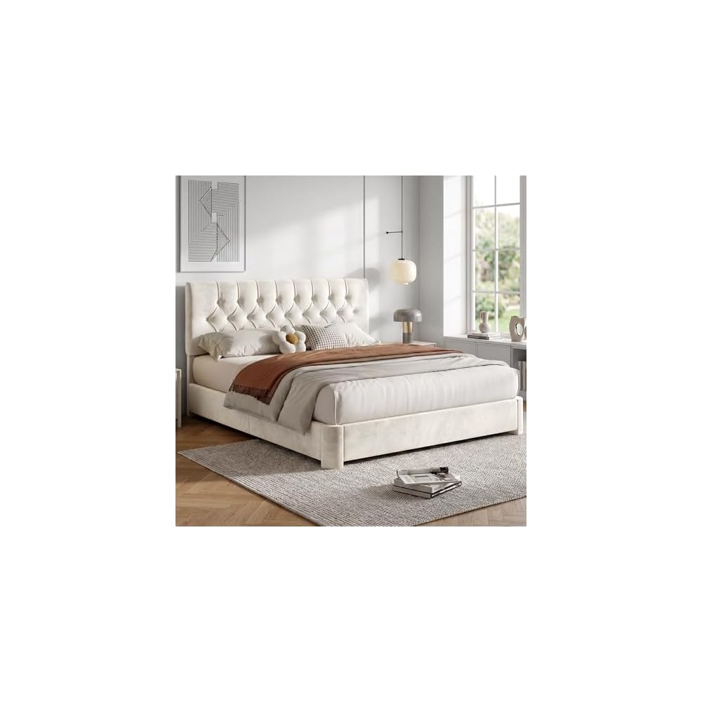 Queen Size Bed Frame with Headboard, Luxury Velvet Fabric Upholstered Bed frame with Button Tufted Design, Strong Wooden Slats Support - Low & Sturdy, Noise-Free, No Box Spring, Easy Assembly, Beige