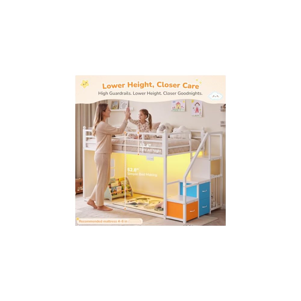 Low Bunk Bed Twin Over Twin with Stairs and 3 Storage Drawers, White