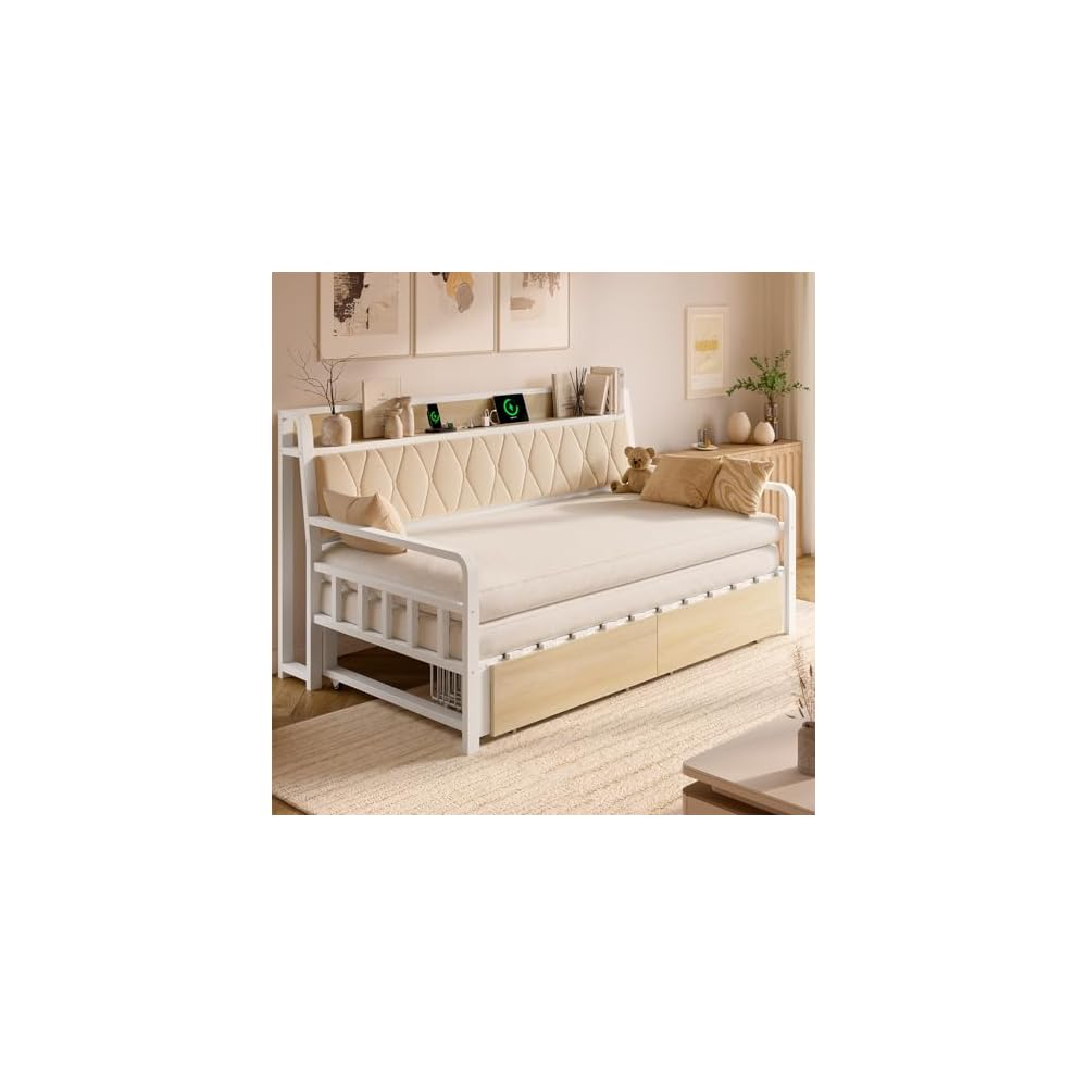 Twin Daybed with Pop up Trundle, Twin to King Daybed, White