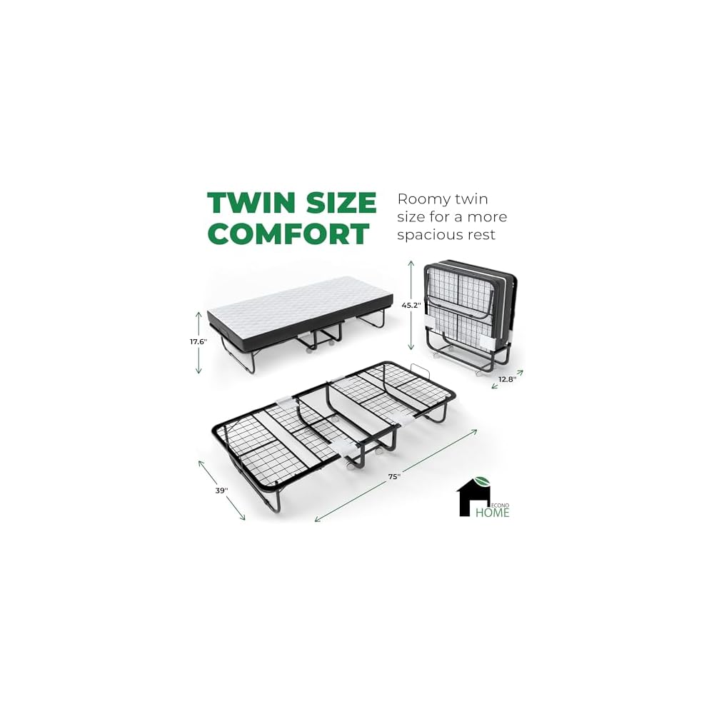 Folding Bed with Mattress - 75x39 Twin Size Frame - Portable Rollaway Guest Bed with 5-inch Memory Foam Mattress - Space-Saving Foldable Design for Easy Storage (39 Inch)