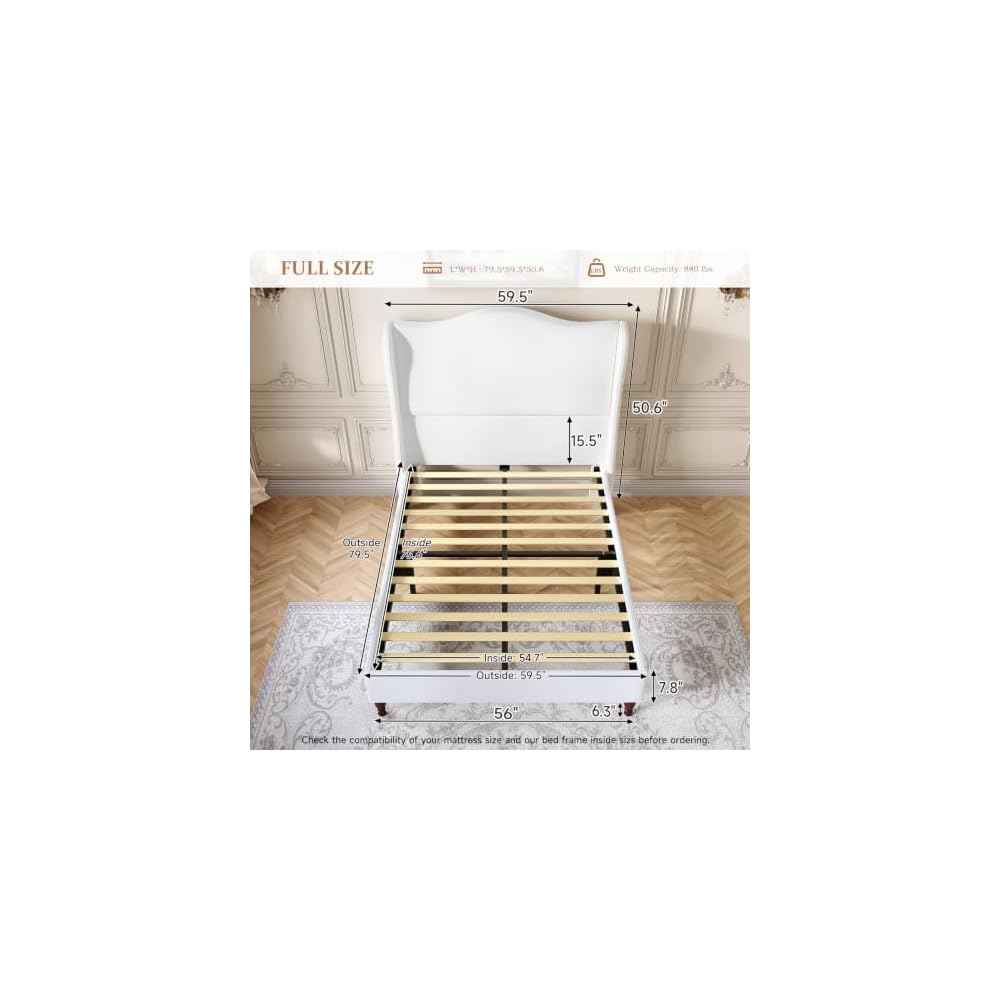 Full Size Upholstered Bed Frame with 51'' Tall Headboard, White