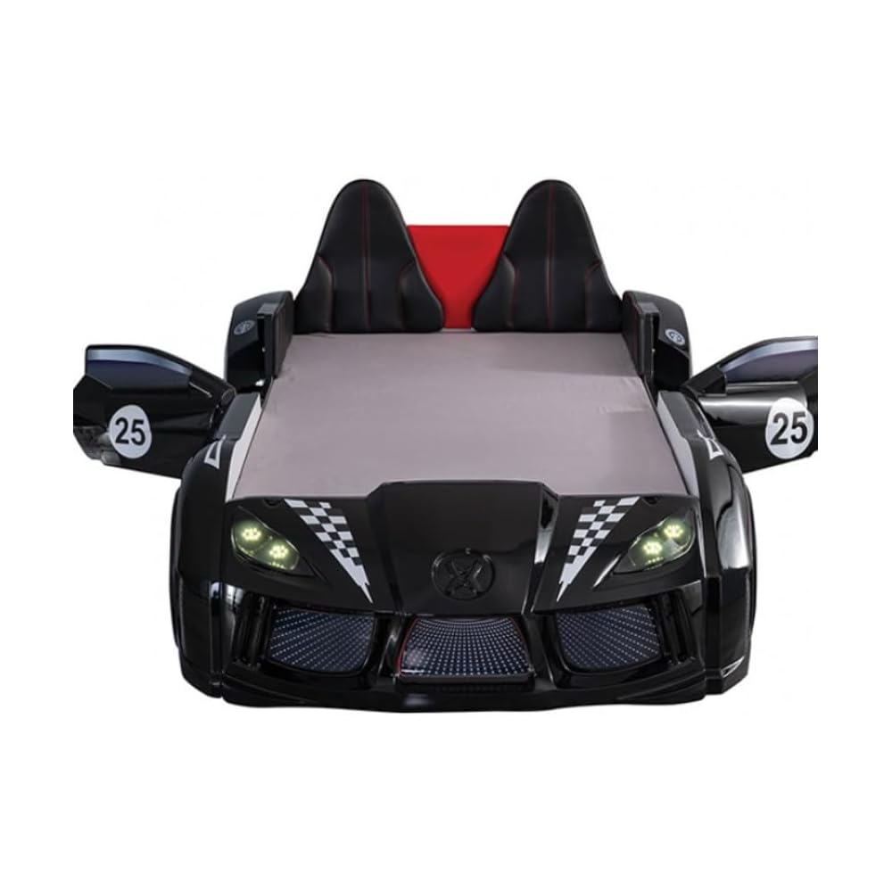 Race Car Twin Size Bed Frame for Boys with LED Lights, Music Player & Magnetic Doors | Kids Bedroom Furniture, Black